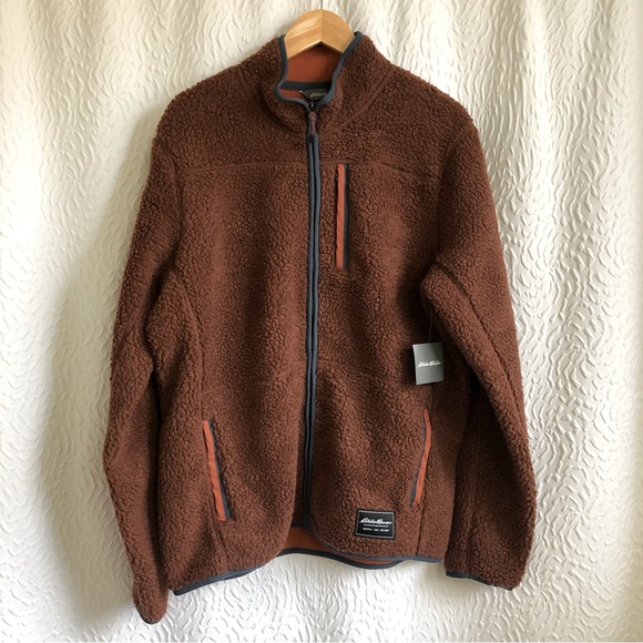 NWT Eddie Bauer Men's Chilali Faux Shearling Fleece Full Zip Cognac Jacket - Picture 2 of 16